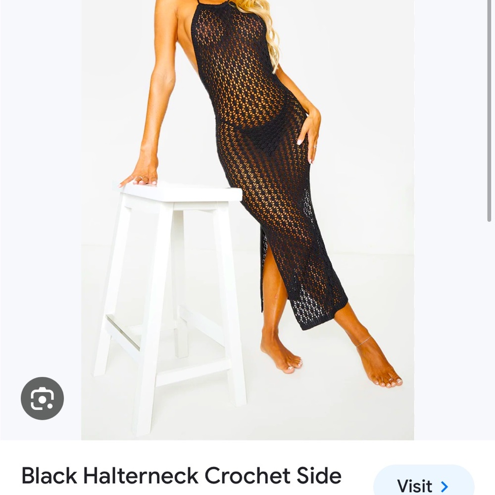 black halter neck crochet side split mid dress size lg